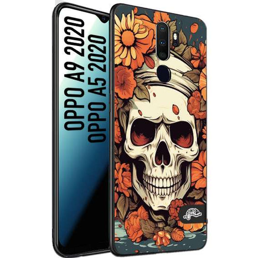 CUSTOMIZZA - Custodia cover nera morbida in tpu compatibile per Oppo A9 2020 - A5 2020 teschio skull flowers fiori tattoo disegnato alta definizione