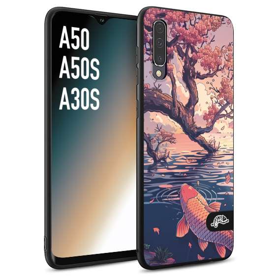 CUSTOMIZZA - Custodia cover nera morbida in tpu compatibile per Samsung A50 - A50S - A30S giapponese lago carpa koi rosa con foglie d'acero disegnata tattoo