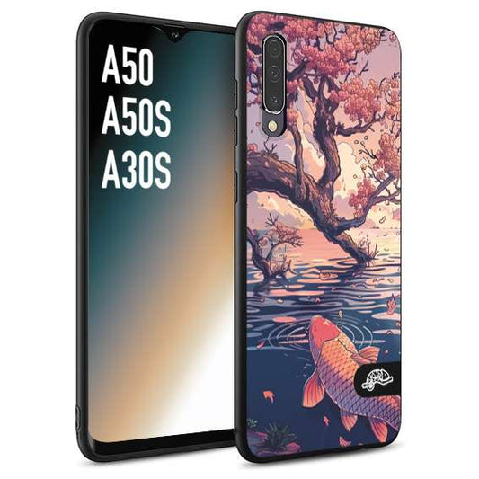 CUSTOMIZZA - Custodia cover nera morbida in tpu compatibile per Samsung A50 - A50S - A30S giapponese lago carpa koi rosa con foglie d'acero disegnata tattoo