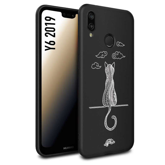 CUSTOMIZZA - Custodia cover nera morbida in tpu compatibile per Huawei Y6 2019 gatto mandala stilizzato gattino a rilievo soft touch donna bianca