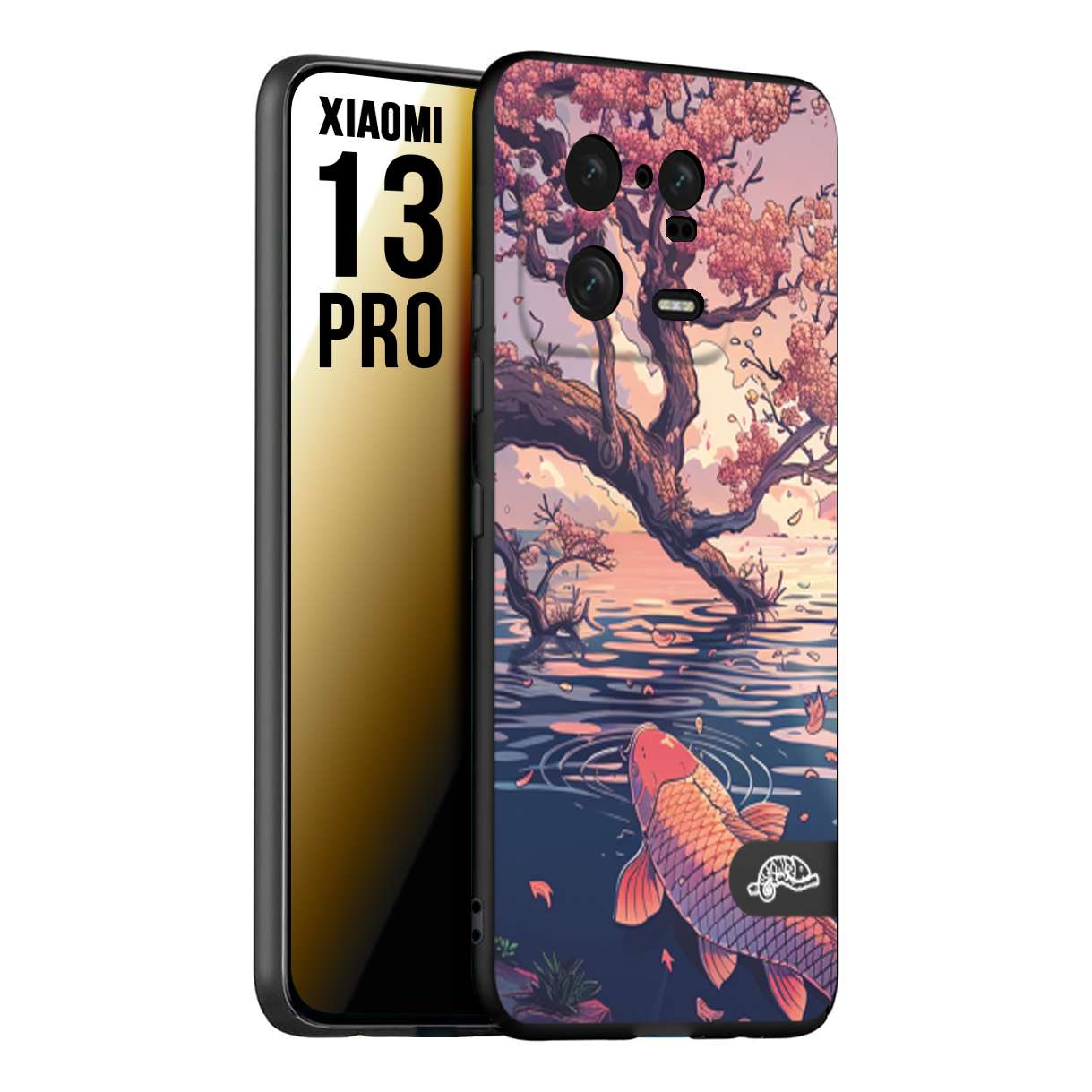 CUSTOMIZZA - Custodia cover nera morbida in tpu compatibile per Xiaomi 13 PRO giapponese lago carpa koi rosa con foglie d'acero disegnata tattoo