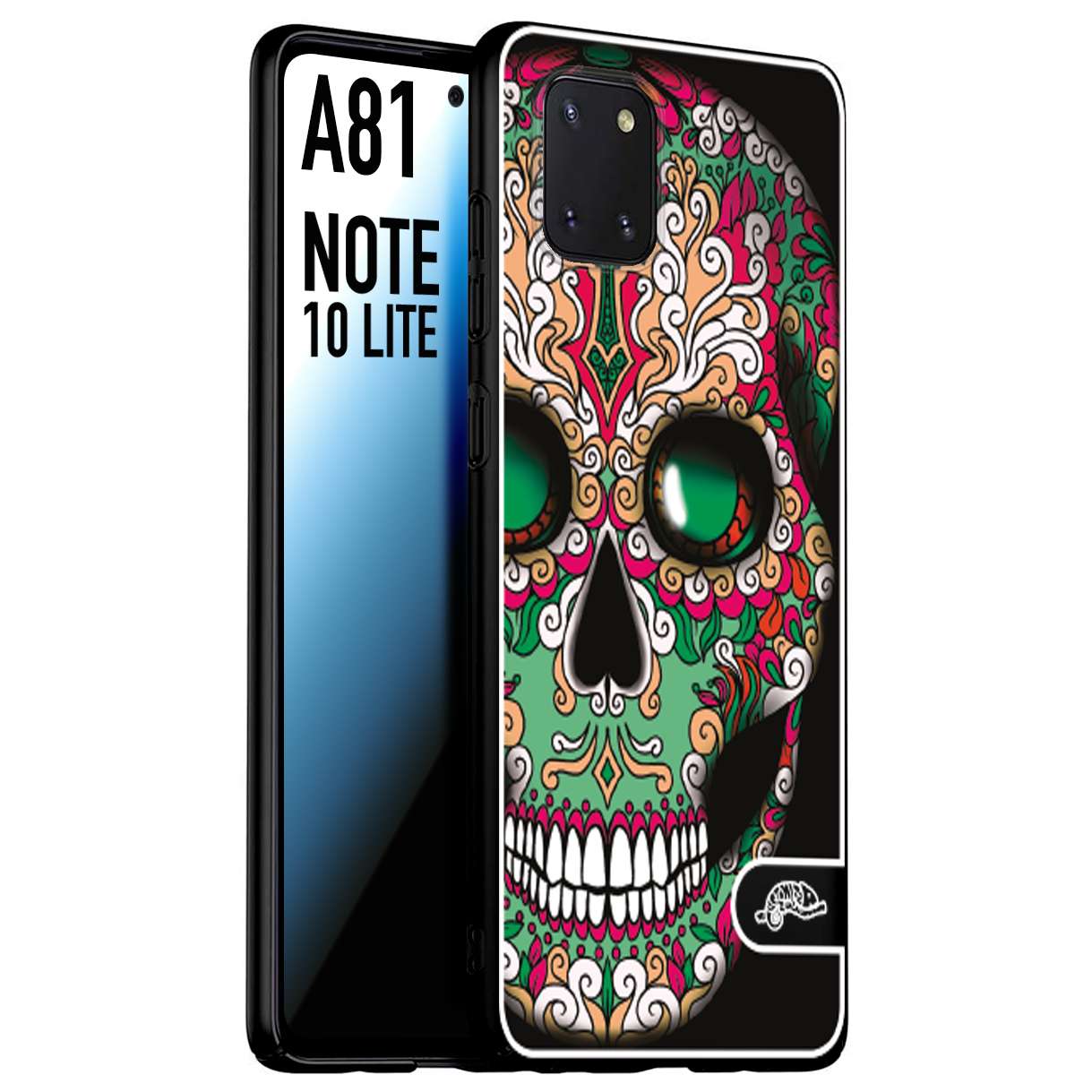 CUSTOMIZZA - Custodia cover nera morbida in tpu compatibile per Samsung A81 - Note 10 Lite teschio messicano Mexican skull verde fucsia