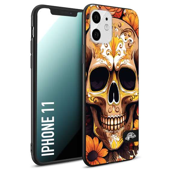 CUSTOMIZZA - Custodia cover nera morbida in tpu compatibile per iPhone 11 teschio messicano colorato dorato fiori tattoo disegnato