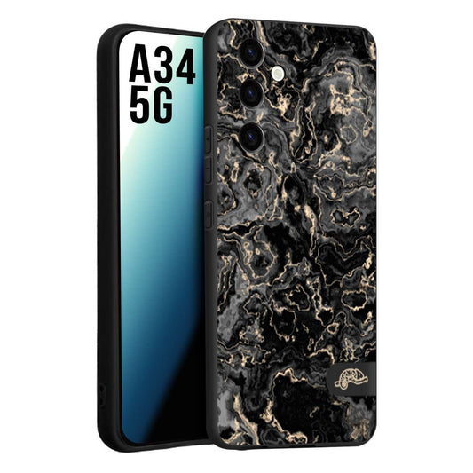 CUSTOMIZZA - Custodia cover nera morbida in tpu compatibile per Samsung A34 5G effetto marmo marble nero black venature dorato pietra