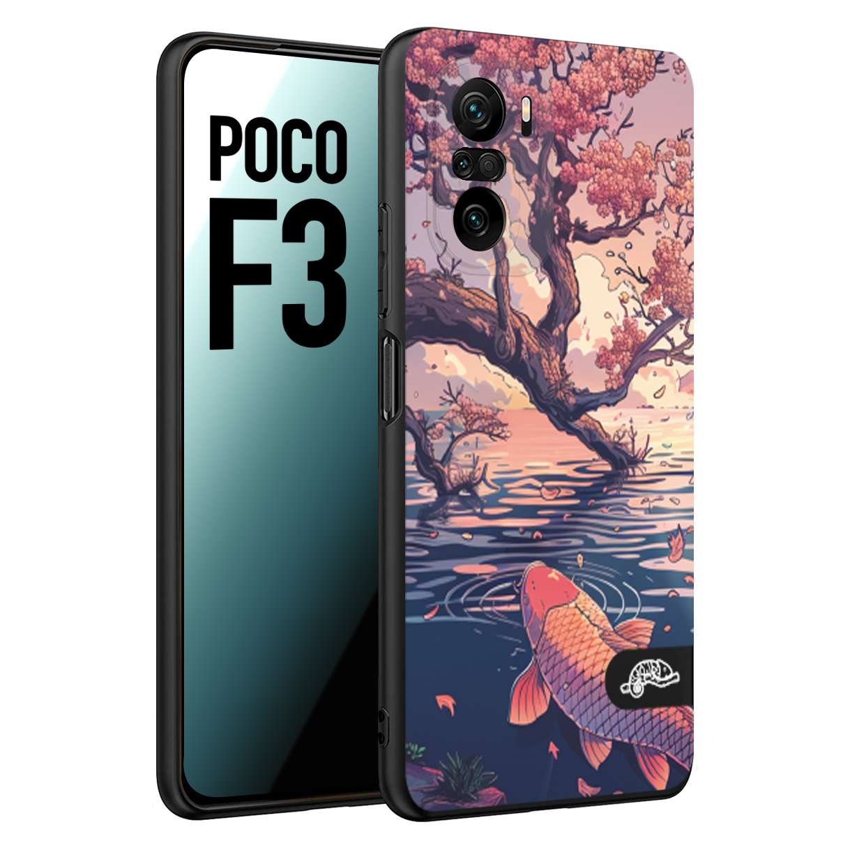 CUSTOMIZZA - Custodia cover nera morbida in tpu compatibile per Xiaomi Poco F3 giapponese lago carpa koi rosa con foglie d'acero disegnata tattoo