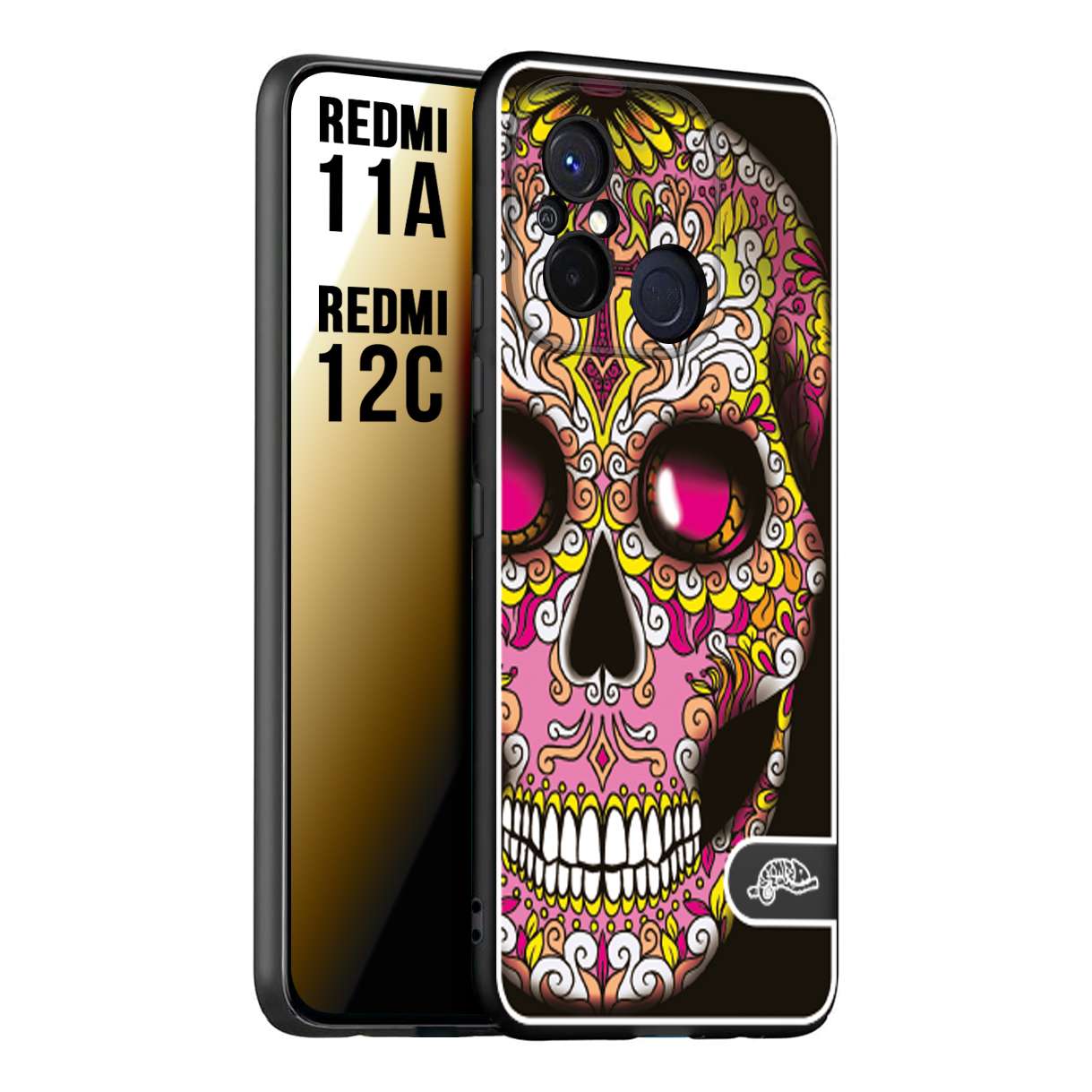 CUSTOMIZZA - Custodia cover nera morbida in tpu compatibile per Xiaomi Redmi 11A - 12C teschio messicano Mexican skull rosa gialla