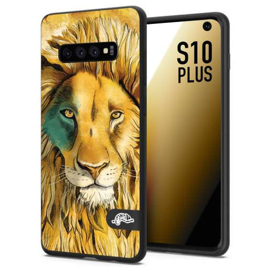 CUSTOMIZZA - Custodia cover nera morbida in tpu compatibile per Samsung S10 PLUS leone lion disegnato a mano giallo blu a rilievo artistico brown