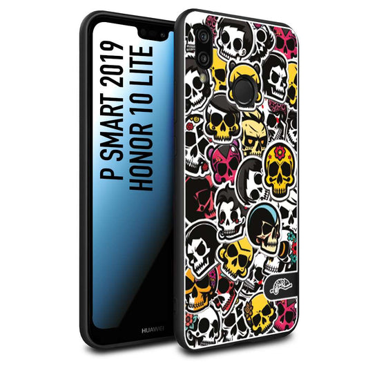 CUSTOMIZZA - Custodia cover nera morbida in tpu compatibile per Huawei P Smart 2019 sticker bomb teschi colorati adesivi skulls skater snowboard