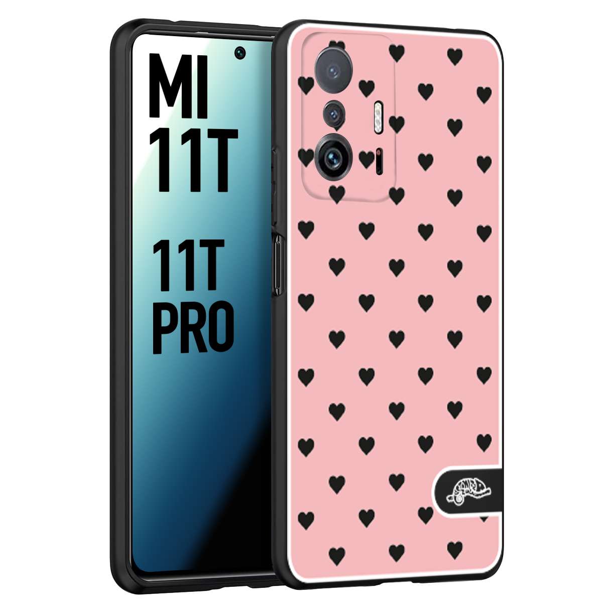 CUSTOMIZZA - Custodia cover nera morbida in tpu compatibile per Xiaomi Mi 11T - Mi 11T PRO cuori pois rosa donna pin up vintage