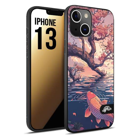 CUSTOMIZZA - Custodia cover nera morbida in tpu compatibile per iPhone 13 giapponese lago carpa koi rosa con foglie d'acero disegnata tattoo