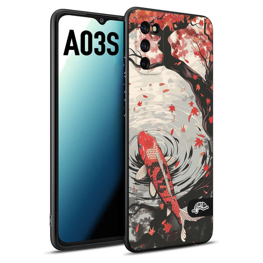 CUSTOMIZZA - Custodia cover nera morbida in tpu compatibile per Samsung A03S giapponese lago carpa koi rossa con foglie d'acero rosso disegnata tattoo