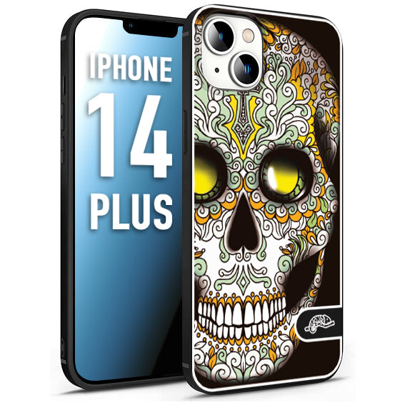 CUSTOMIZZA - Custodia cover nera morbida in tpu compatibile per iPhone 14 PLUS teschio messicano Mexican skull bianco verde giallo