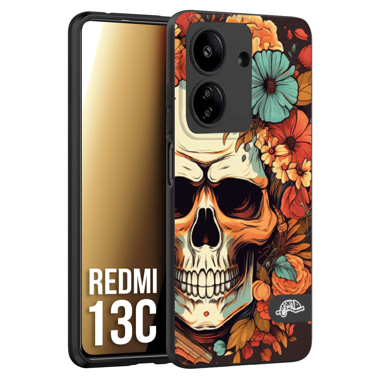 CUSTOMIZZA - Custodia cover nera morbida in tpu compatibile per Xiaomi Redmi 13C teschio skull flowers fiori autunnali arancio celeste tattoo