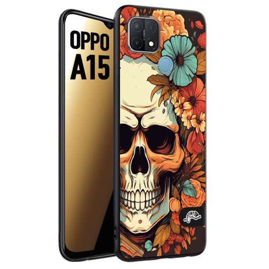 CUSTOMIZZA - Custodia cover nera morbida in tpu compatibile per Oppo A15 teschio skull flowers fiori autunnali arancio celeste tattoo