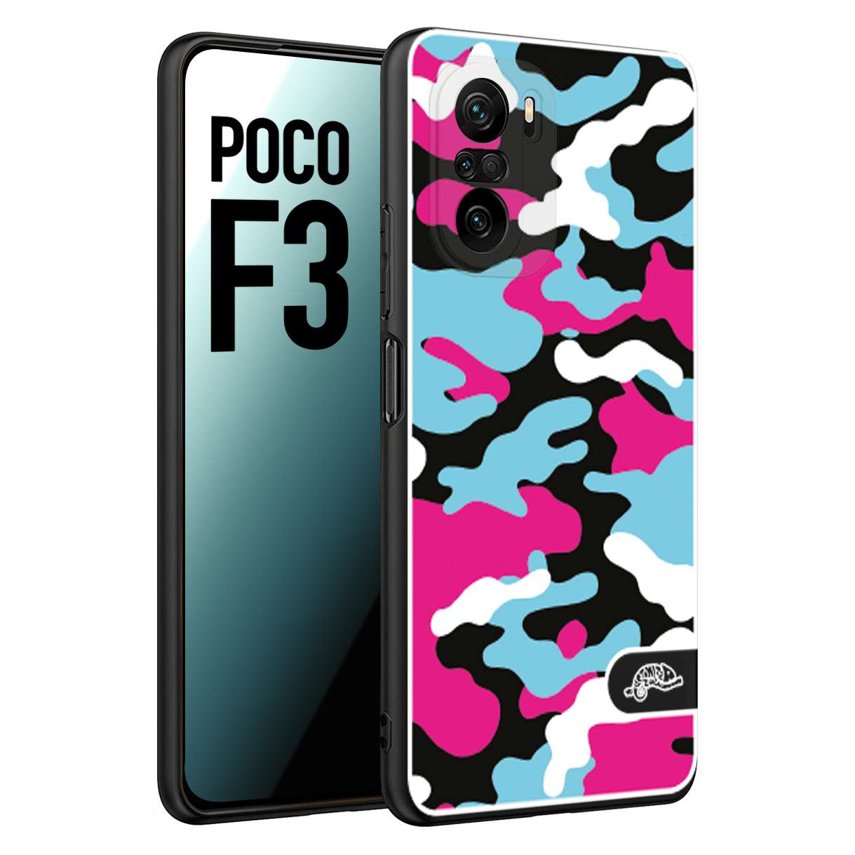 CUSTOMIZZA - Custodia cover nera morbida in tpu compatibile per Xiaomi Poco F3 camouflage mimetico militare fucsia celeste