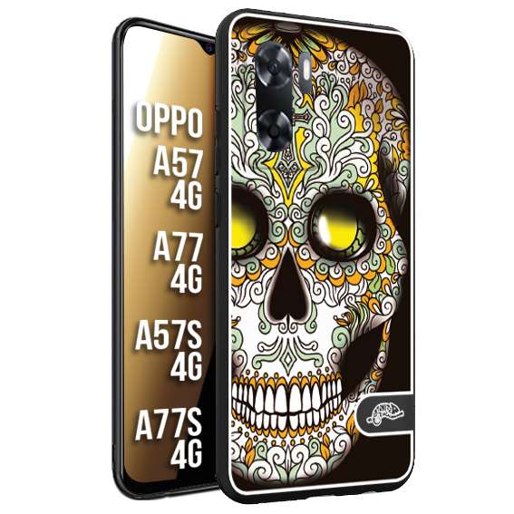 CUSTOMIZZA - Custodia cover nera morbida in tpu compatibile per Oppo A57 - A77 - A57S - A77S (4G) teschio messicano Mexican skull bianco verde giallo