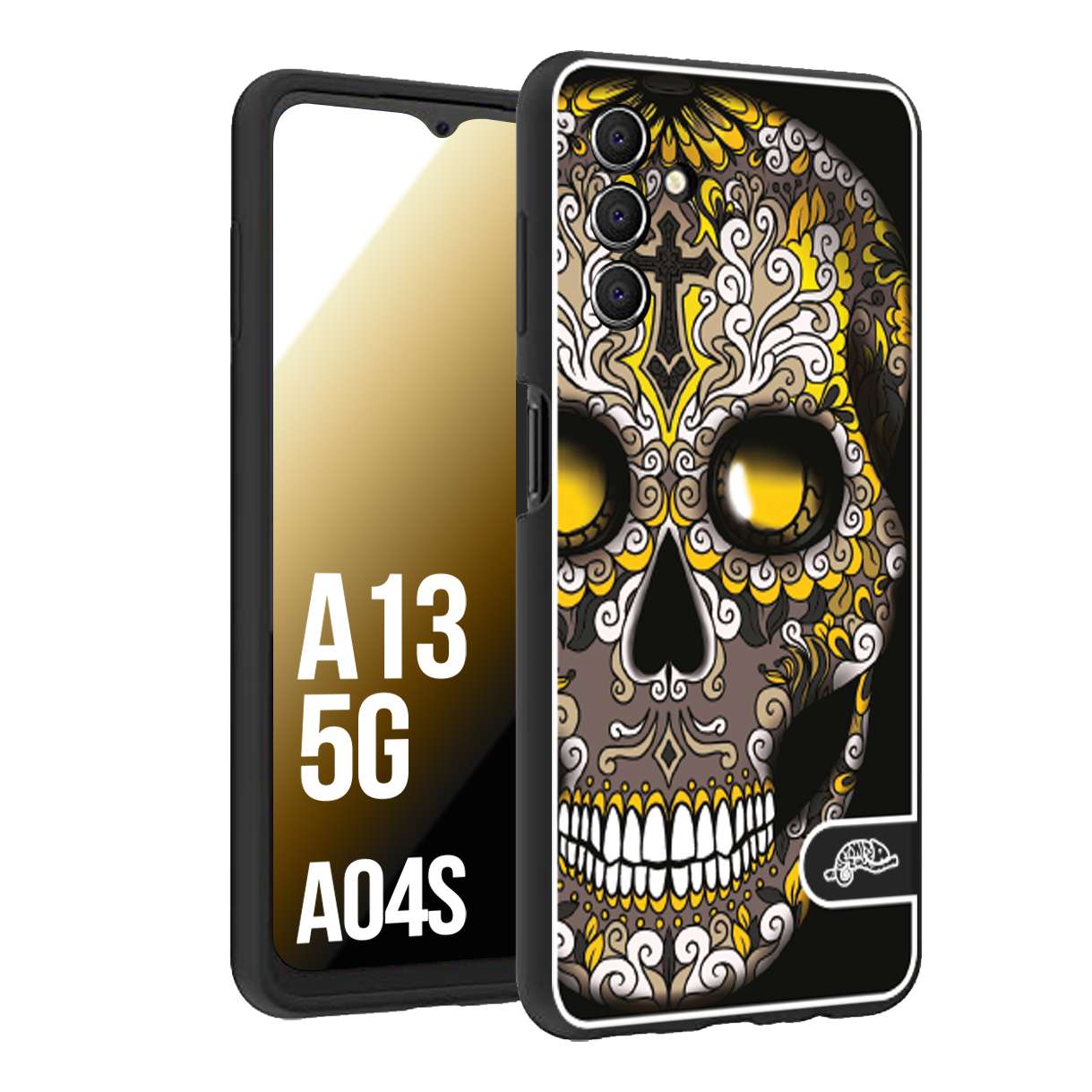 CUSTOMIZZA - Custodia cover nera morbida in tpu compatibile per Samsung A04S - A13 5G teschio messicano Mexican skull nero giallo