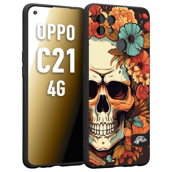 CUSTOMIZZA - Custodia cover nera morbida in tpu compatibile per Oppo Realme C21 4G teschio skull flowers fiori autunnali arancio celeste tattoo