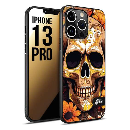 CUSTOMIZZA - Custodia cover nera morbida in tpu compatibile per iPhone 13 PRO teschio messicano colorato dorato fiori tattoo disegnato