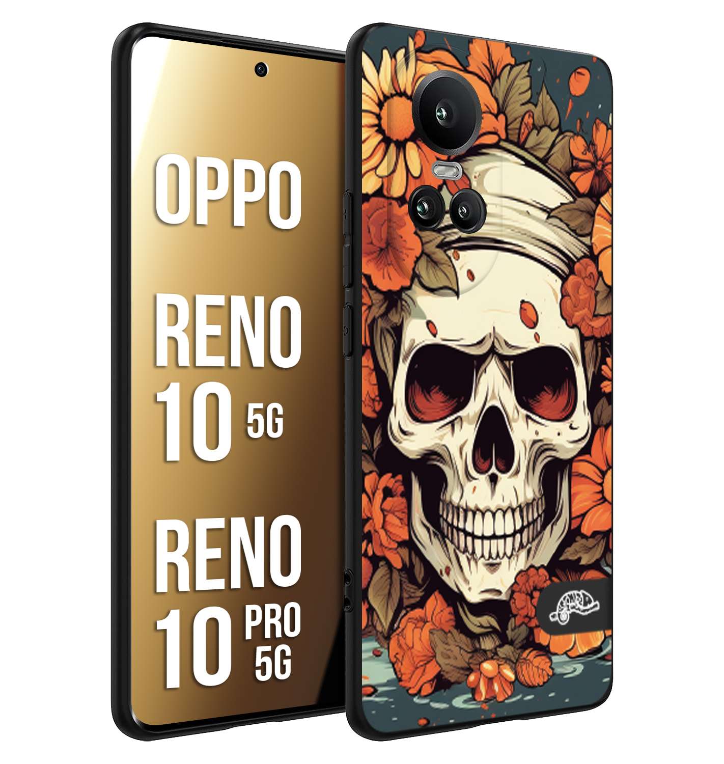 CUSTOMIZZA - Custodia cover nera morbida in tpu compatibile per Oppo Reno 10 5G - 10 PRO 5G teschio skull flowers fiori tattoo disegnato alta definizione