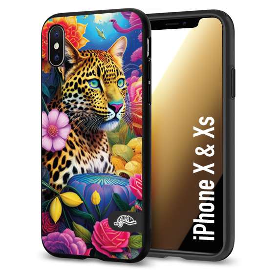 CUSTOMIZZA - Custodia cover nera morbida in tpu compatibile per iPhone X - Xs fiori astratti donna flower fantasia leopardo ghepardo animali colorati