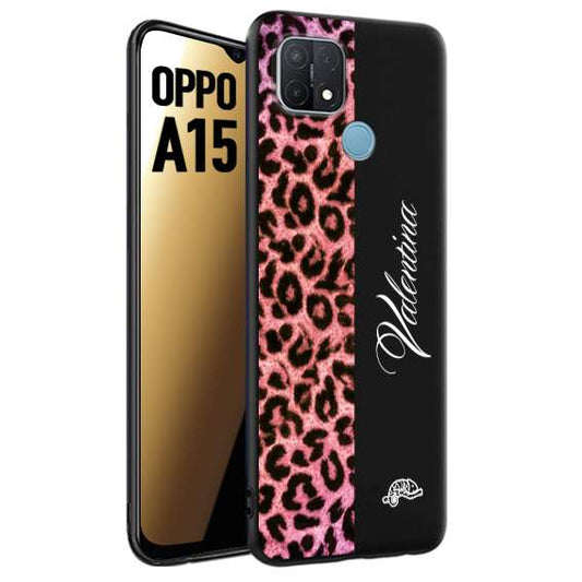 CUSTOMIZZA - Custodia cover nera morbida in tpu compatibile per Oppo A15 leopardato rosa fucsia personalizzata nome iniziali