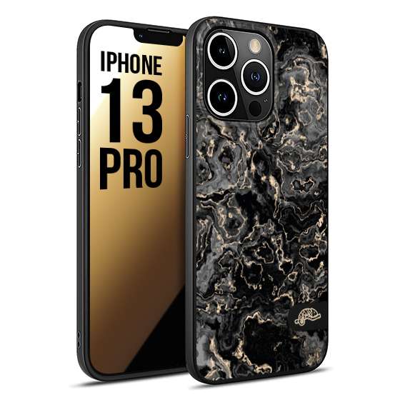 CUSTOMIZZA - Custodia cover nera morbida in tpu compatibile per iPhone 13 PRO effetto marmo marble nero black venature dorato pietra