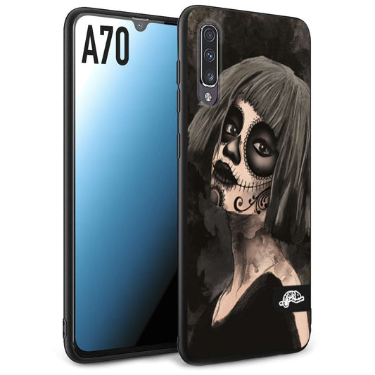 CUSTOMIZZA - Custodia cover nera morbida in tpu compatibile per Samsung A70 chicana messicana dea de la muerte donna santa tattoo disegnata