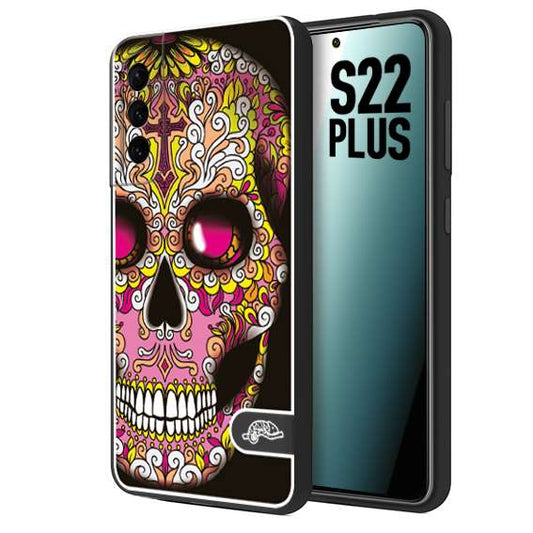 CUSTOMIZZA - Custodia cover nera morbida in tpu compatibile per Samsung S22 PLUS teschio messicano Mexican skull rosa gialla