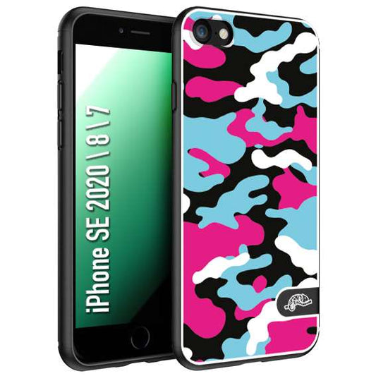 CUSTOMIZZA - Custodia cover nera morbida in tpu compatibile per iPhone 7 - 8 - SE 2020 / 2022 camouflage mimetico militare fucsia celeste