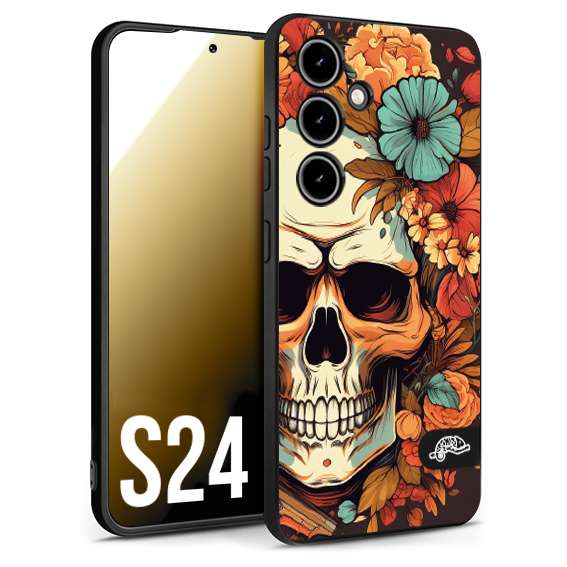 CUSTOMIZZA - Custodia cover nera morbida in tpu compatibile per Samsung S24 teschio skull flowers fiori autunnali arancio celeste tattoo