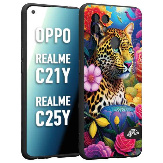 CUSTOMIZZA - Custodia cover nera morbida in tpu compatibile per Oppo Realme C21Y - C25Y fiori astratti donna flower fantasia leopardo ghepardo animali colorati