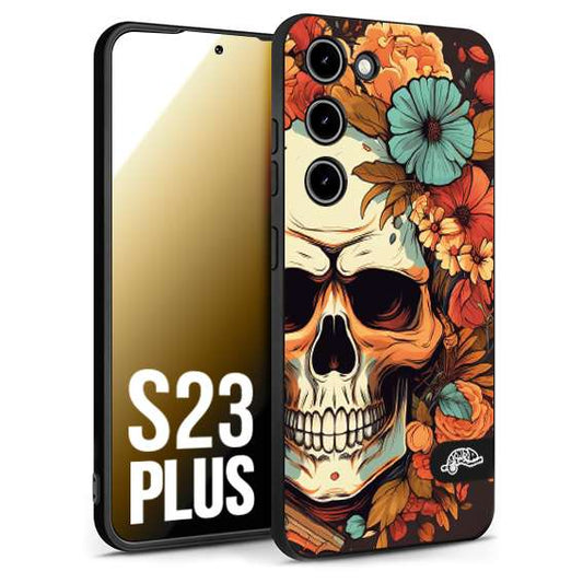 CUSTOMIZZA - Custodia cover nera morbida in tpu compatibile per Samsung S23 PLUS teschio skull flowers fiori autunnali arancio celeste tattoo