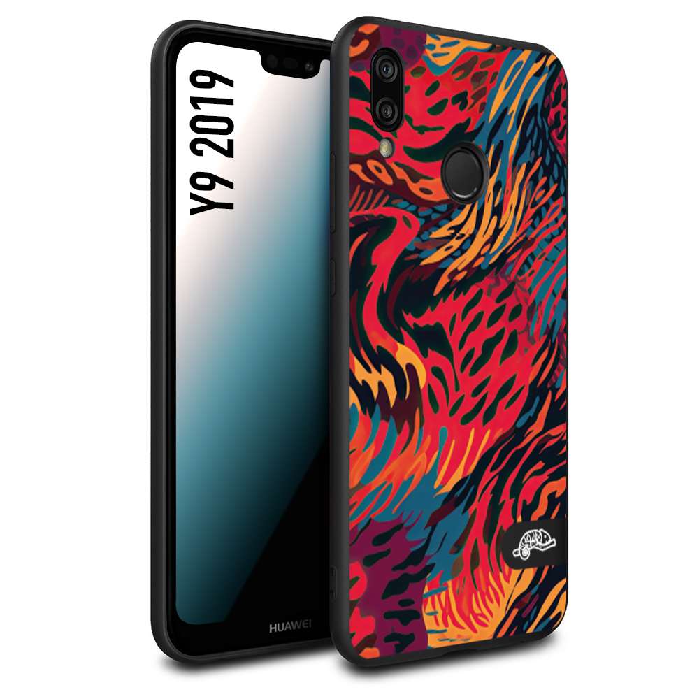 CUSTOMIZZA - Custodia cover nera morbida in tpu compatibile per Huawei Y9 2019 leopardato maculato tigrato colorata fiamme rossa blu arancione