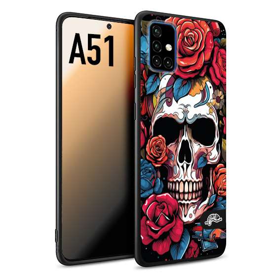 CUSTOMIZZA - Custodia cover nera morbida in tpu compatibile per Samsung A51 teschio skull flowers fiori rose rosse tattoo disegnato