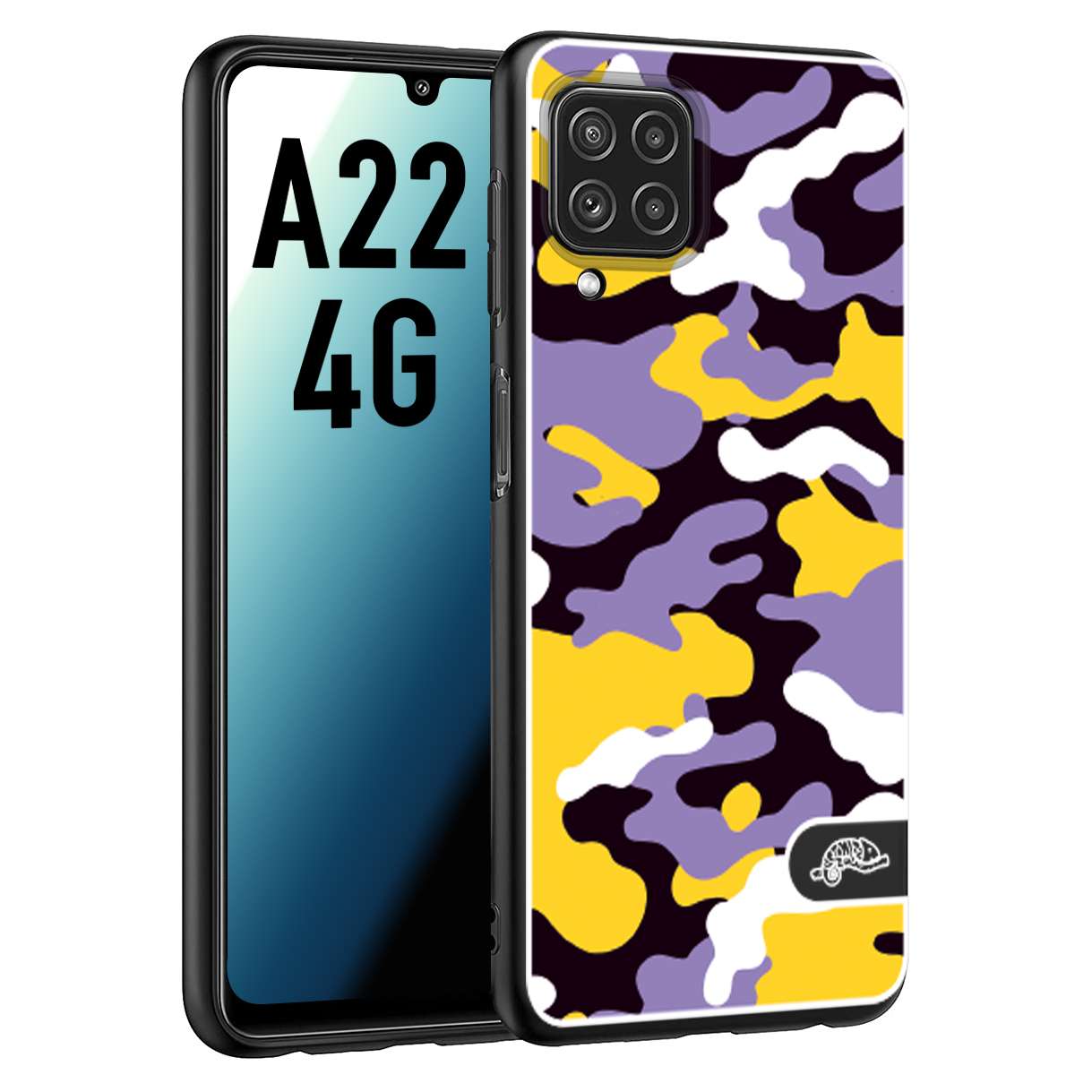 CUSTOMIZZA - Custodia cover nera morbida in tpu compatibile per Samsung A22 4G camouflage mimetico militare viola lilla giallo