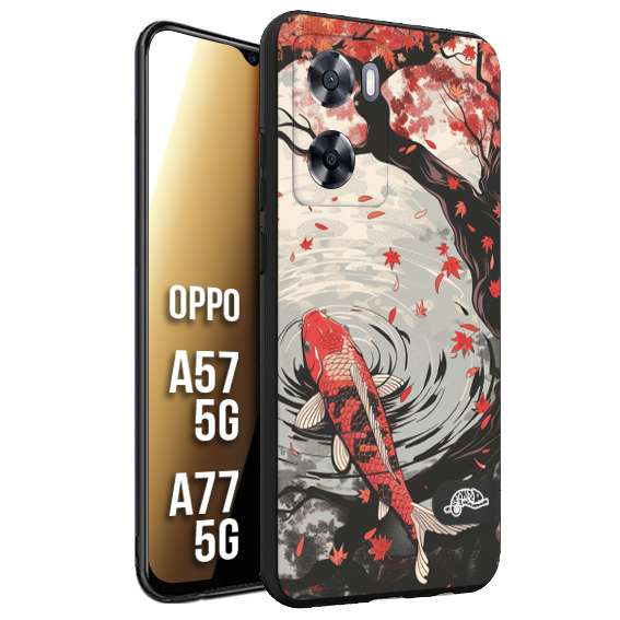 CUSTOMIZZA - Custodia cover nera morbida in tpu compatibile per Oppo A57 5G - A77 5G giapponese lago carpa koi rossa con foglie d'acero rosso disegnata tattoo