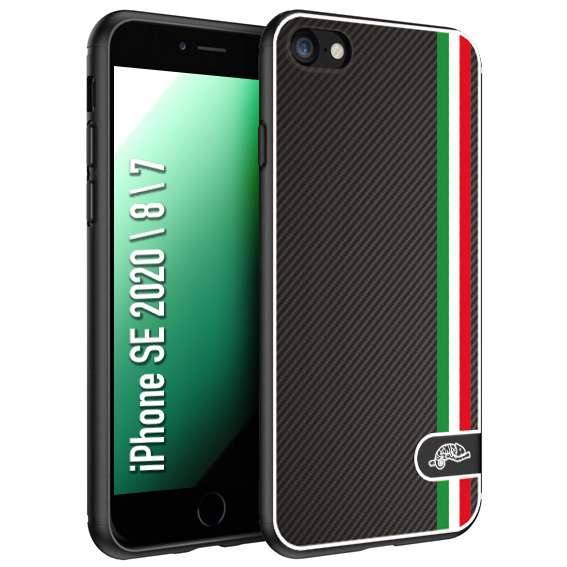 CUSTOMIZZA - Custodia cover nera morbida in tpu compatibile per iPhone 7 - 8 - SE 2020 / 2022 effetto fibra di carbonio bandiera Italia made in Italy