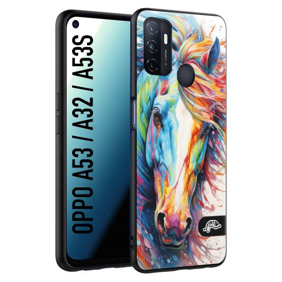 CUSTOMIZZA - Custodia cover nera morbida in tpu compatibile per Oppo A53 - A32 - A53S animali color cavallo horse viso colori vibranti disegnato schizzo