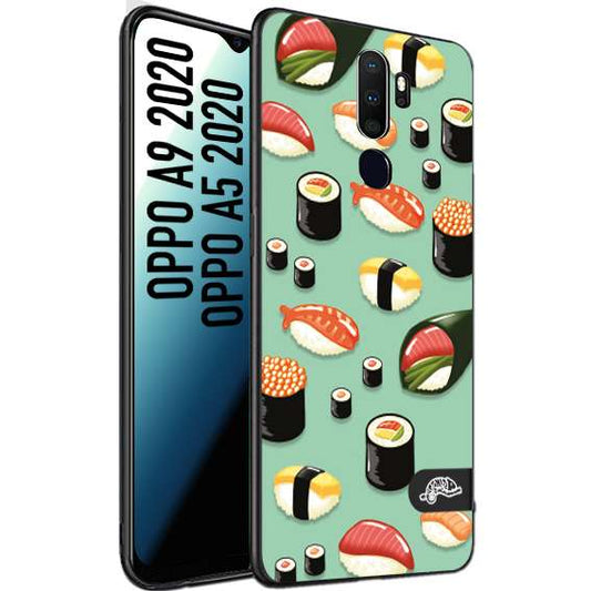 CUSTOMIZZA - Custodia cover nera morbida in tpu compatibile per Oppo A9 2020 - A5 2020 sushi disegni giapponese nighiri acquamarina verde