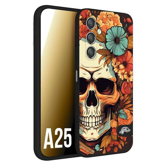 CUSTOMIZZA - Custodia cover nera morbida in tpu compatibile per Samsung A25 teschio skull flowers fiori autunnali arancio celeste tattoo