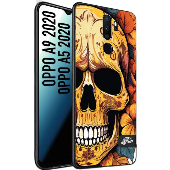 CUSTOMIZZA - Custodia cover nera morbida in tpu compatibile per Oppo A9 2020 - A5 2020 teschio messicano colorato dorato fiori autunnali disegnato