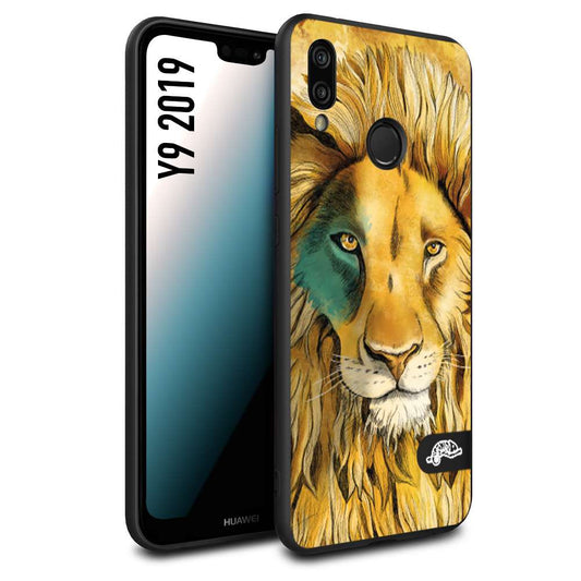 CUSTOMIZZA - Custodia cover nera morbida in tpu compatibile per Huawei Y9 2019 leone lion disegnato a mano giallo blu a rilievo artistico brown