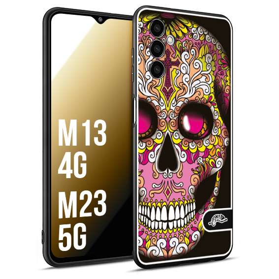 CUSTOMIZZA - Custodia cover nera morbida in tpu compatibile per Samsung M13 4G - M23 5G teschio messicano Mexican skull rosa gialla