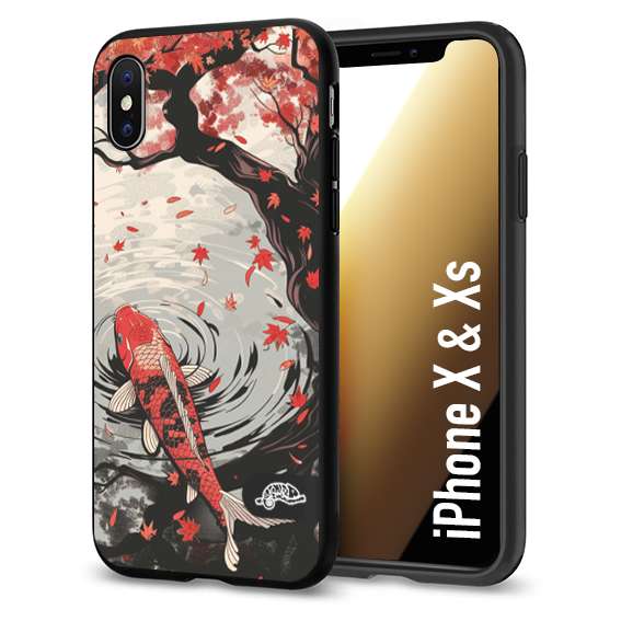 CUSTOMIZZA - Custodia cover nera morbida in tpu compatibile per iPhone X - Xs giapponese lago carpa koi rossa con foglie d'acero rosso disegnata tattoo