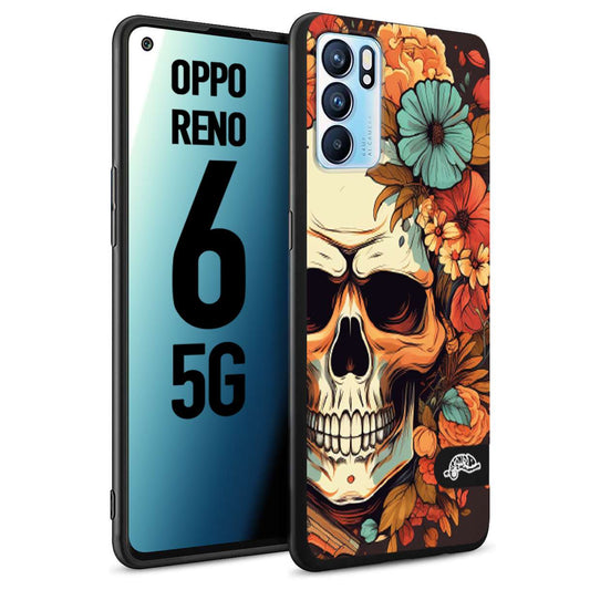 CUSTOMIZZA - Custodia cover nera morbida in tpu compatibile per Oppo Reno 6 5G teschio skull flowers fiori autunnali arancio celeste tattoo