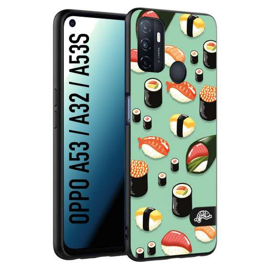 CUSTOMIZZA - Custodia cover nera morbida in tpu compatibile per Oppo A53 - A32 - A53S sushi disegni giapponese nighiri acquamarina verde