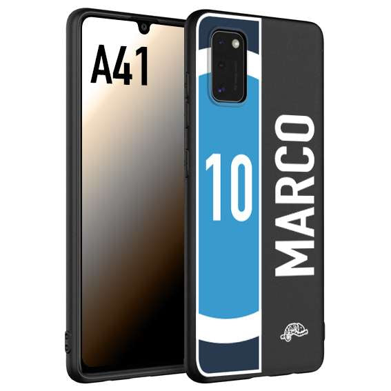 CUSTOMIZZA - Custodia cover nera morbida in tpu compatibile per Samsung A41 personalizzata calcio football nome e numero calciatori biancoazzurri bianco celesti