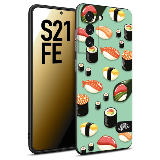 CUSTOMIZZA - Custodia cover nera morbida in tpu compatibile per Samsung S21 FE sushi disegni giapponese nighiri acquamarina verde