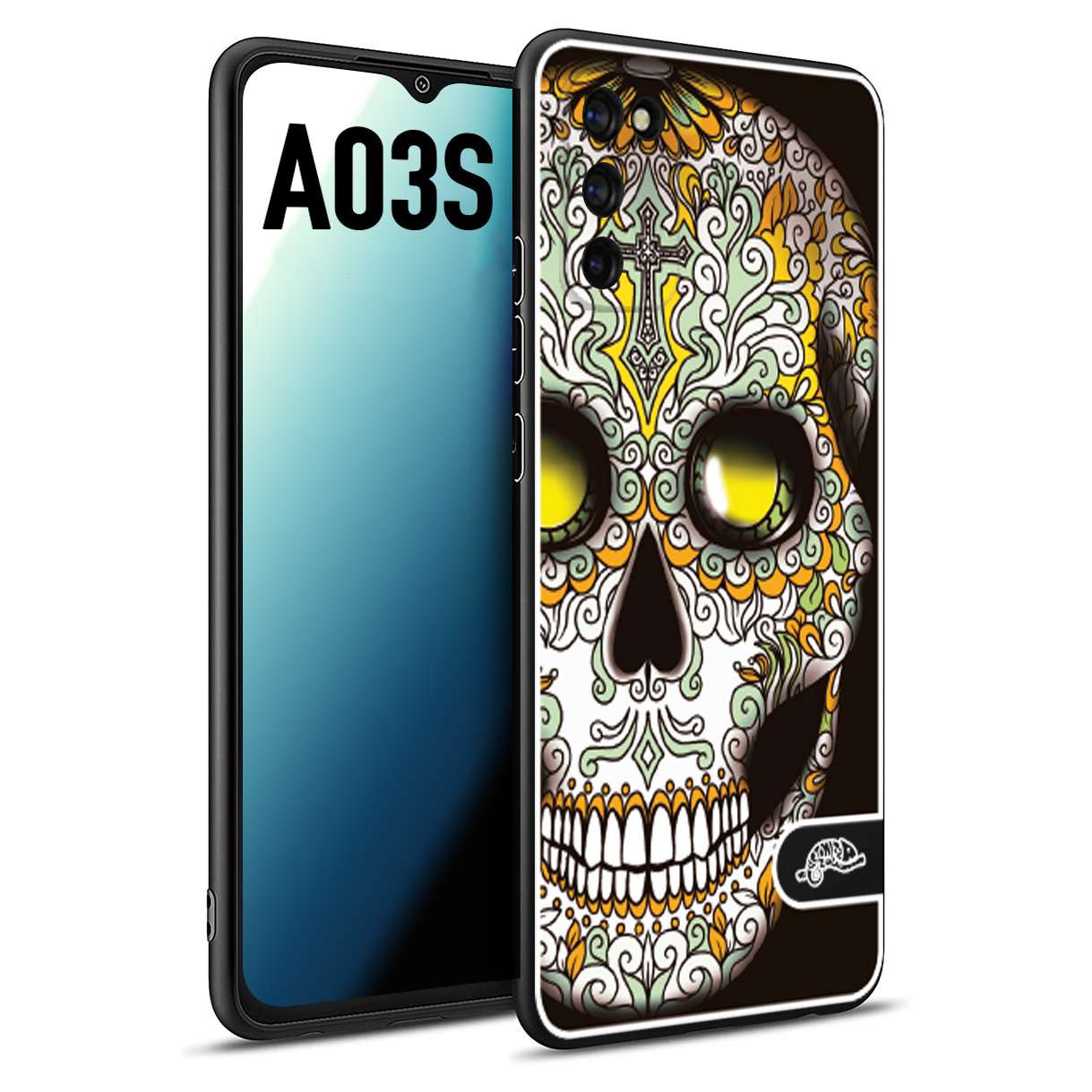 CUSTOMIZZA - Custodia cover nera morbida in tpu compatibile per Samsung A03S teschio messicano Mexican skull bianco verde giallo